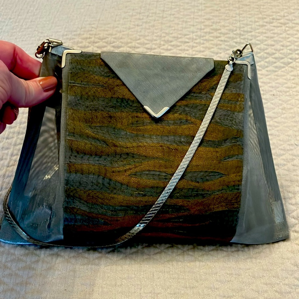 New Bo’s Art evening purse with detachable silver chain.  6” x 8”.